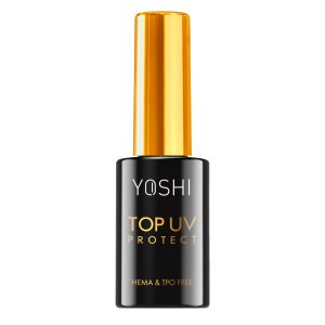 Yoshi Top UV Beschermingslak met gouden dop, ideaal voor nagelbescherming.