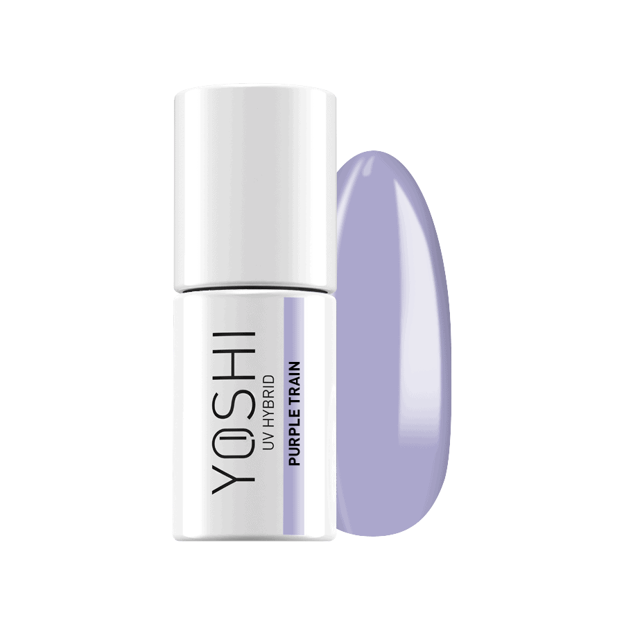 Yoshi UV Hybrid nagellak in paarse kleur met bijpassende nagelgel.