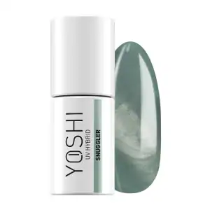 Yoshi UV Hybrid nagellak fles en gel swatch voor duurzame nagellak.