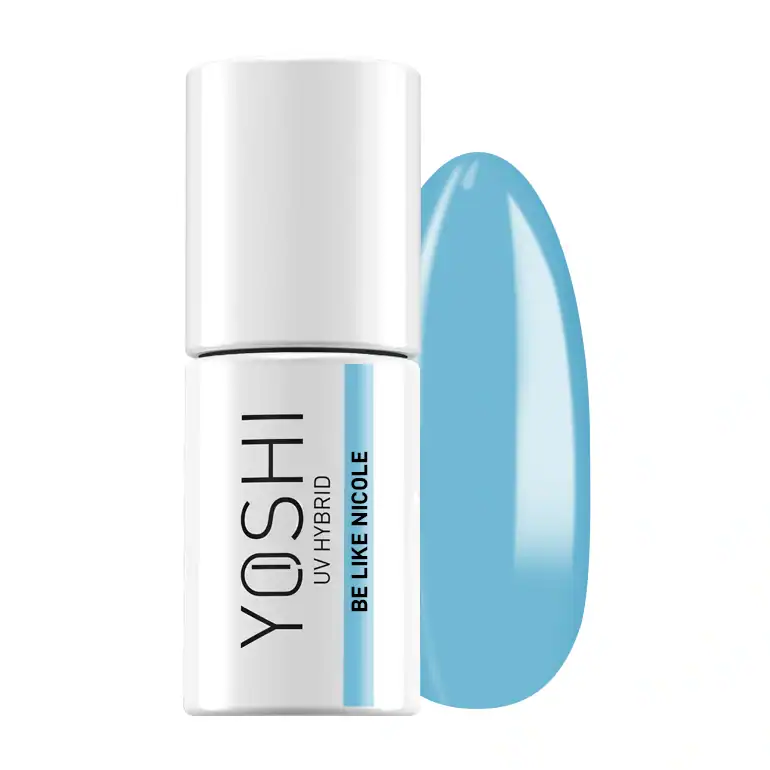 Yoshi UV Hybrid gel nagellak in lichtblauwe kleur voor professionele nagelverzorging.