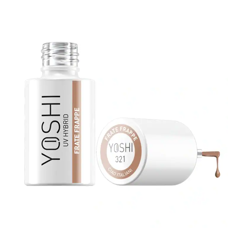 Yoshi UV Hybrid nagellak Frappe in witte fles met applicator en druppel.