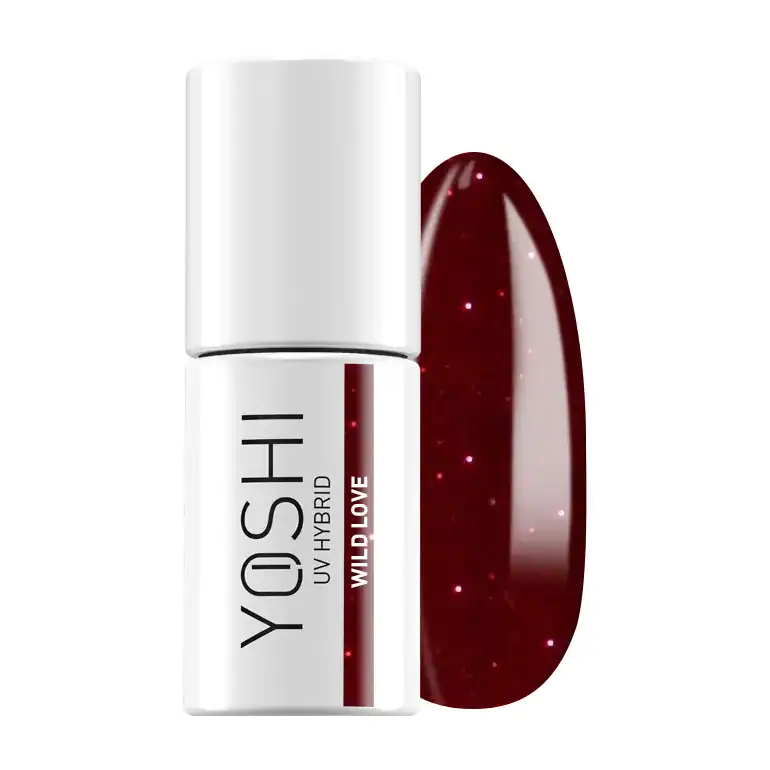 Yoshi UV Hybrid nagellak in dieprode kleur met glitters, perfect voor stijlvolle nagels.