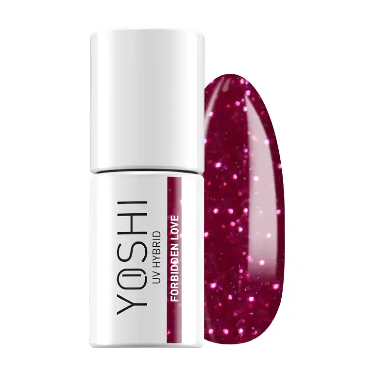 Yoshi UV Hybrid nagellak in dieprode kleur met glittereffect voor elegante nagels.