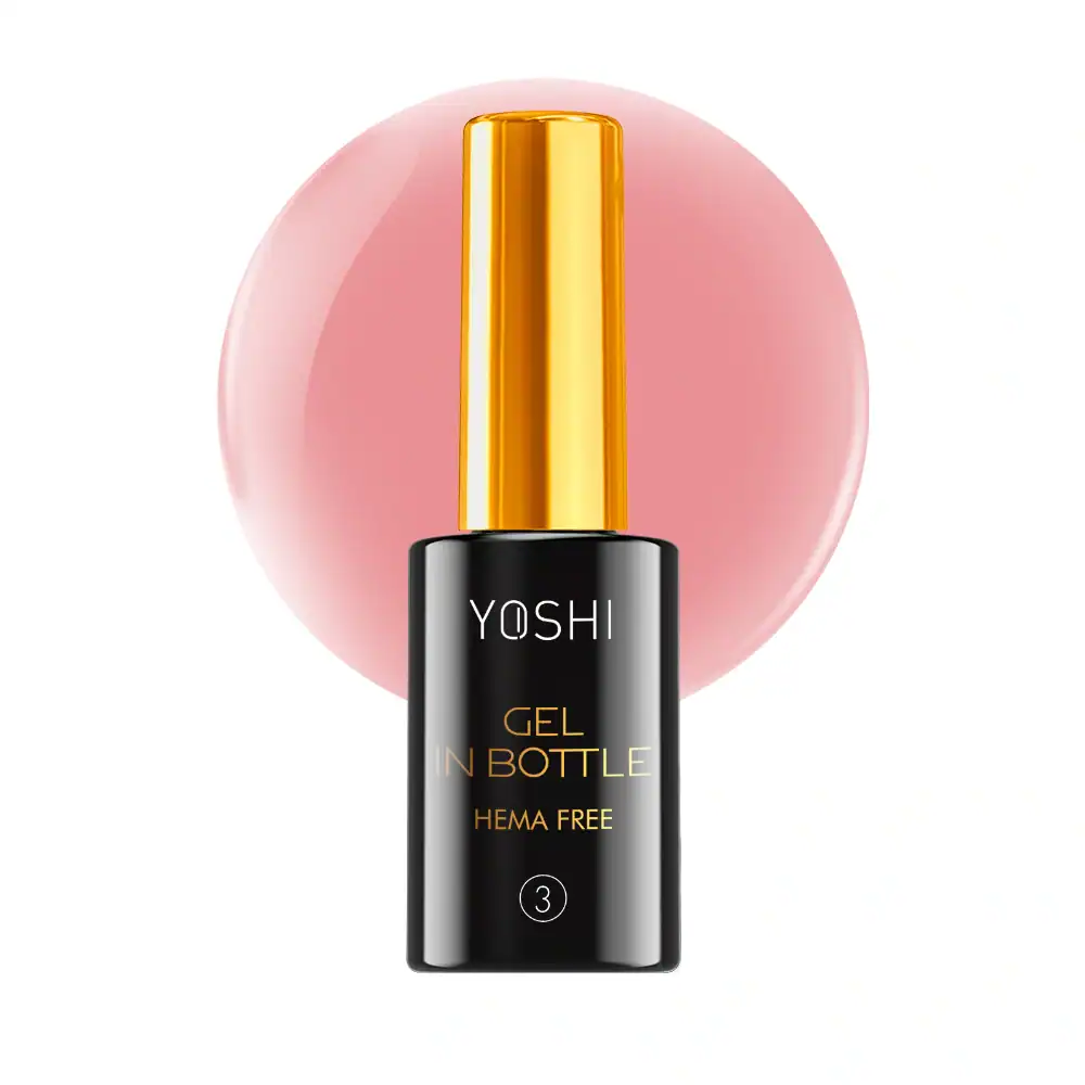 Yoshi gel nagellakflesje met gouden dop op roze achtergrond.