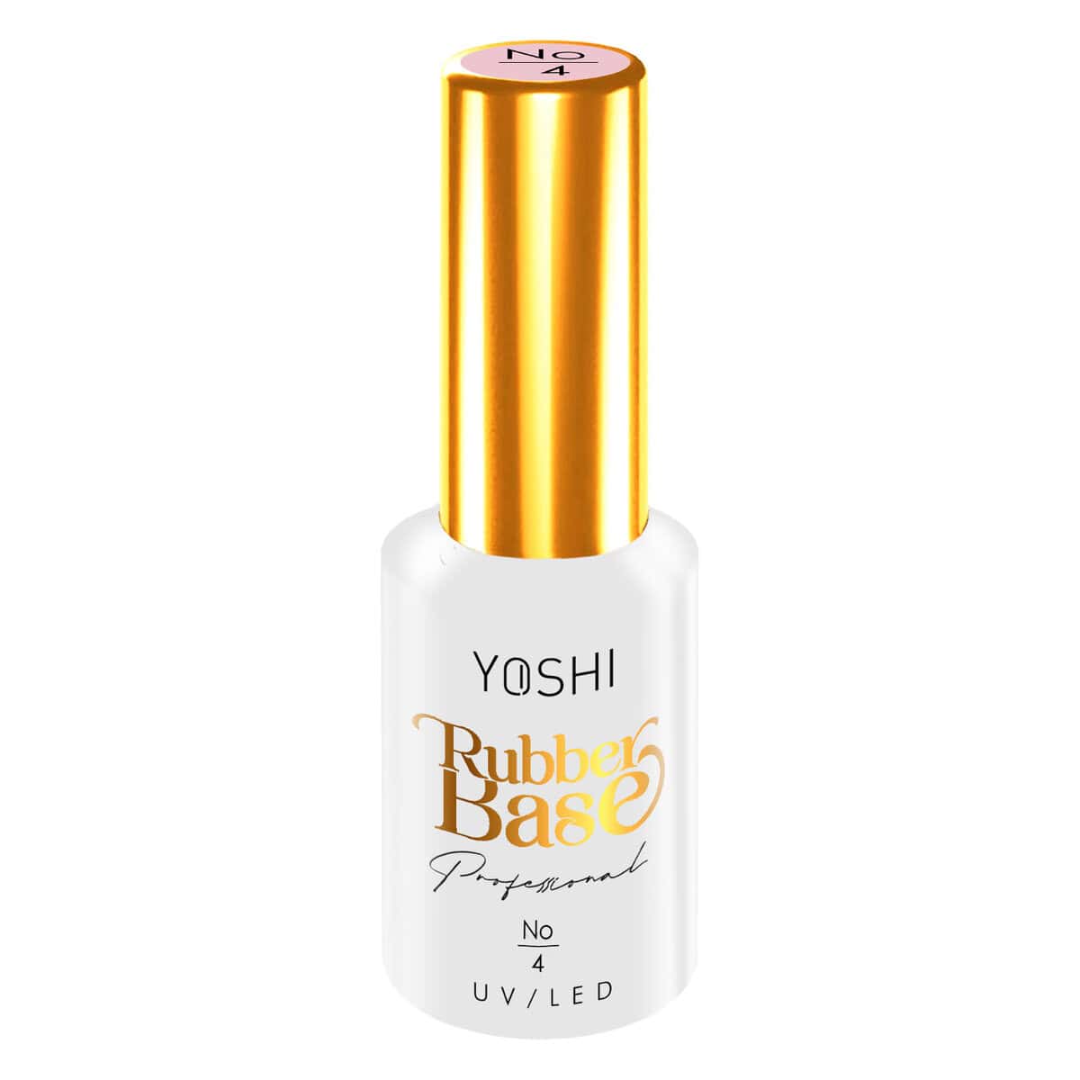 Yoshi Rubber Base nagellak in witte fles met gouden dop, geschikt voor gel- en UV-nagels.