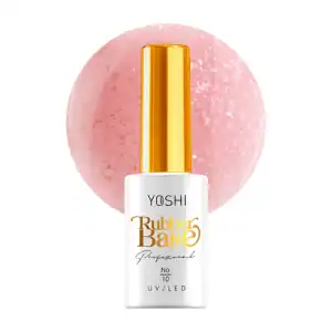 Rubber Base nagellak met gouden dop op roze achtergrond.