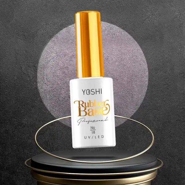 Een professionele nagellak van Yoshi Rubbers Base No 8 op een zwarte achtergrond met gouden details.