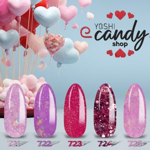 Set van vijf glanzende gelnagels in roze en paars met glitterafwerking.