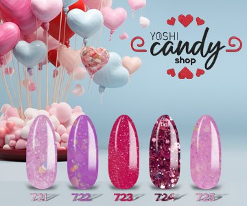 Set van vijf glanzende gelnagels in roze en paars met glitterafwerking.