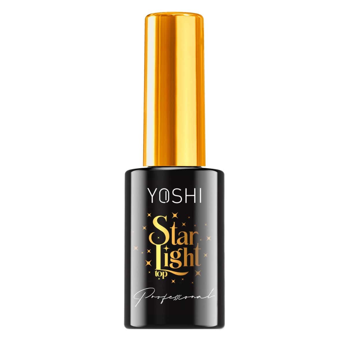 Yoshi Star Light top nagellak met gouden cap en zwart flesje, professioneel nagellak voor glanzende.