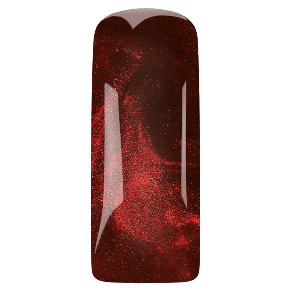 Glittering dark red gel nagel met sprankelende afwerking en glans.