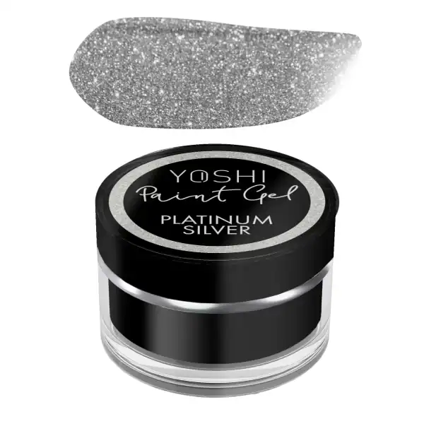 Glittery silver nail gel in a small jar, Yoshi Paint Gel Platinum Silver, for professional nail art.