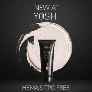 Zwarte Yoshi gelnagellak tube met witte en roze verfstrepen, promotie voor nieuwe gelnagellak.