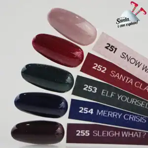 Kleurenstaal voor gelnagels met kerstkleuren en glans, inclusief rood, zwart, blauw en bruin.