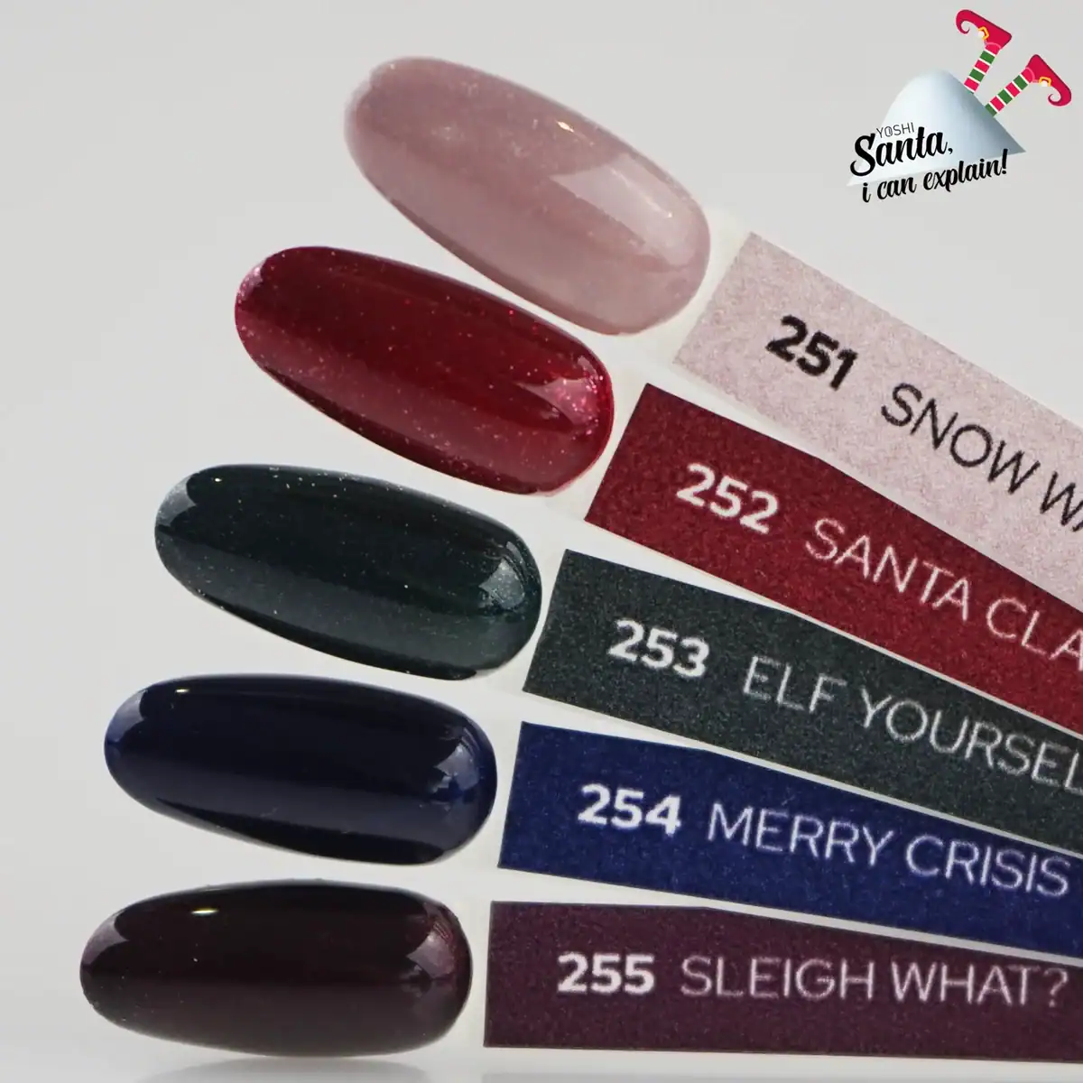 Kleurenstaal voor gelnagels met kerstkleuren en glans, inclusief rood, zwart, blauw en bruin.