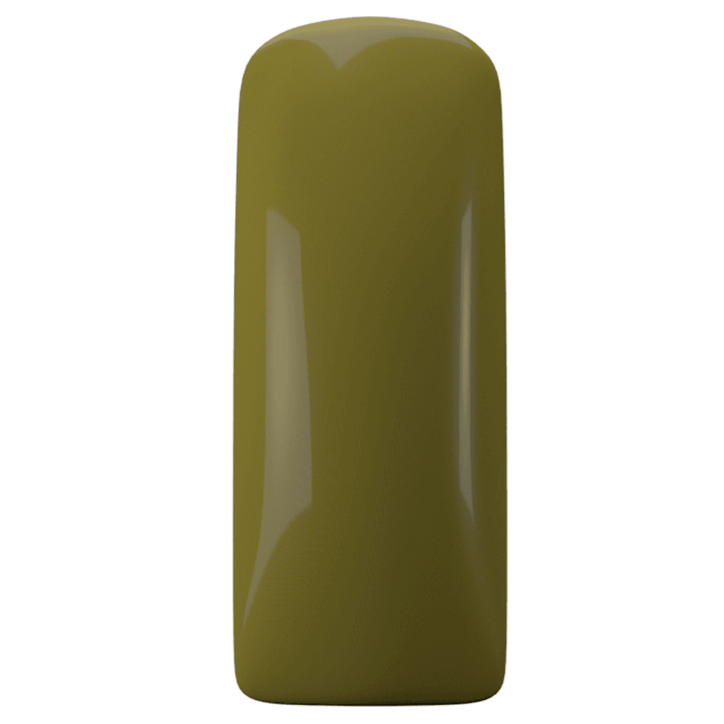 Gele nagellak op een nagelverzorgingsproduct, close-up van een glanzende, olijfgroene nagellak.
