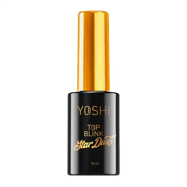 Gouden en zwarte nagelverzorgingsfles met Yoshi Top Blink Star Dust label.