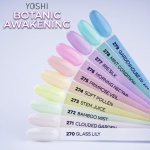 Yoshi Botanic Awakening nagellak kleurenstaal met pastel tinten en namen.