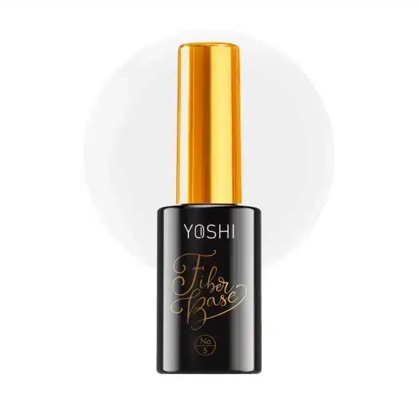 Geleiuwsde nagelverzorgingsproduct met zwarte fles en gouden dop, Yoshi Fiber Base No. 5.