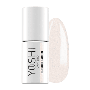 Yoshi UV Hybrid nagellak in witte fles met swatch op achtergrond.