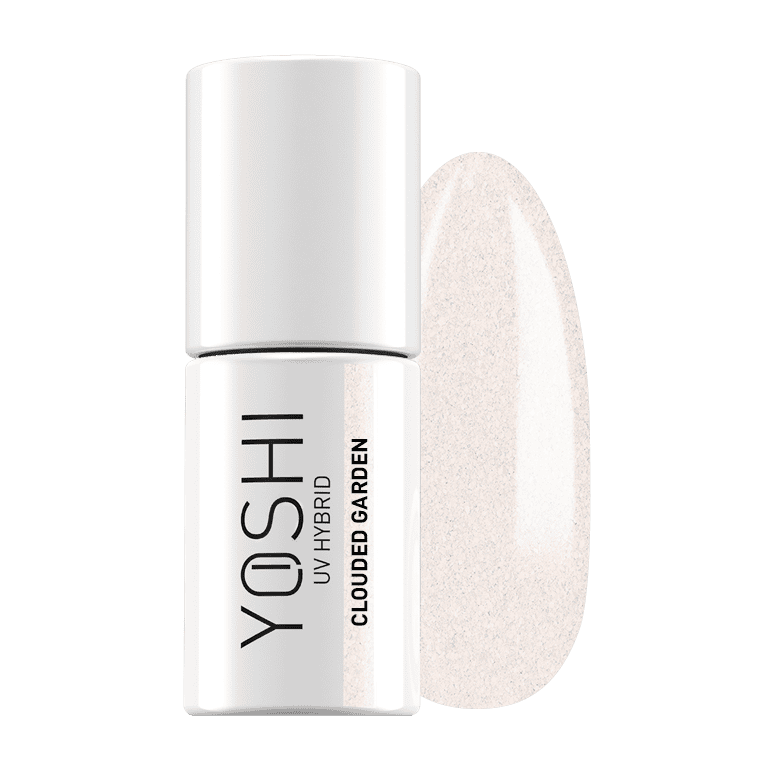 Yoshi UV Hybrid nagellak in witte fles met swatch op achtergrond.