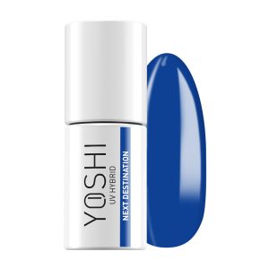 Yoshi UV Hybrid nagellak fles met blauwe kleur en bijpassende swatch.
