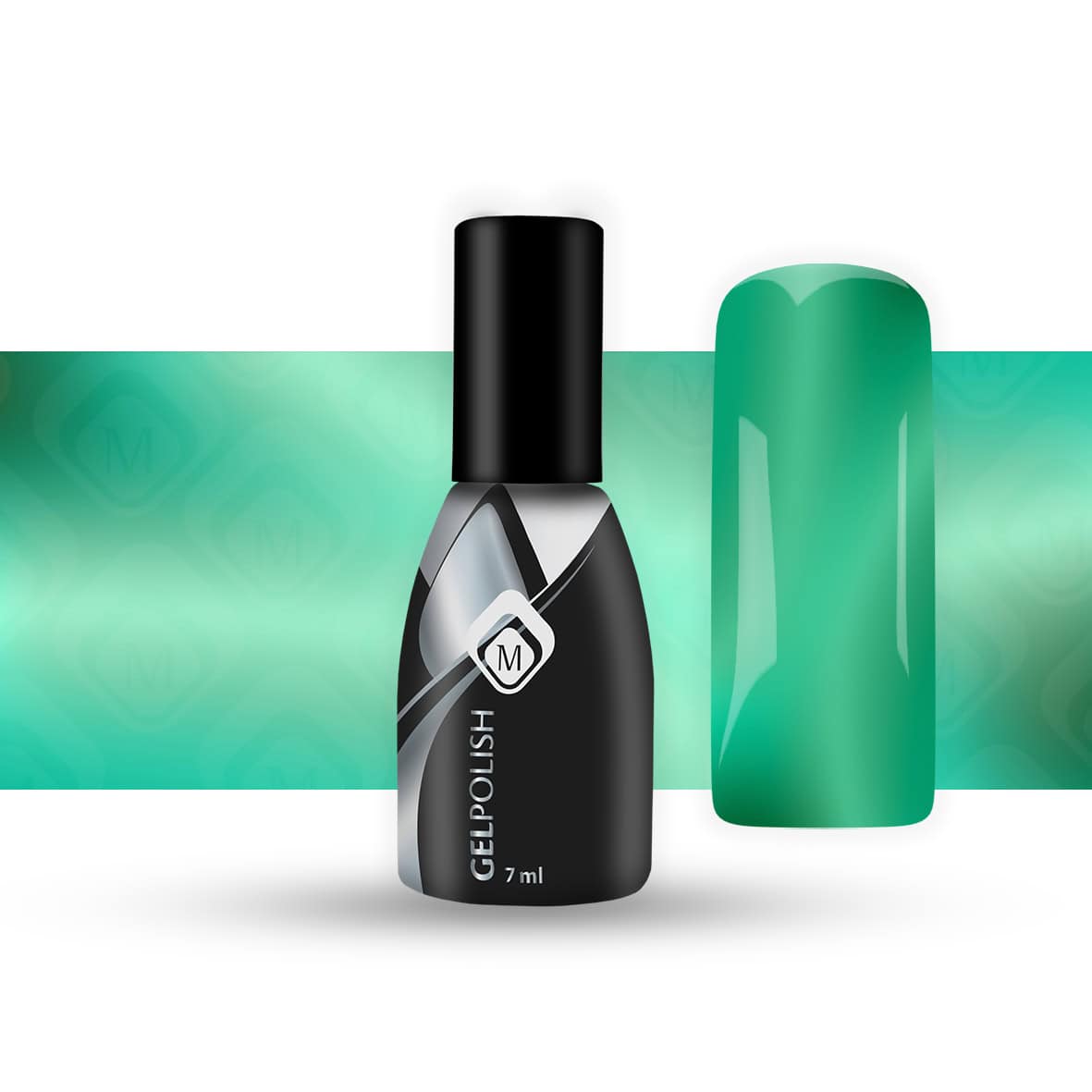 Zwarte gelnagellak flesje met groene nagelstift op witte achtergrond.