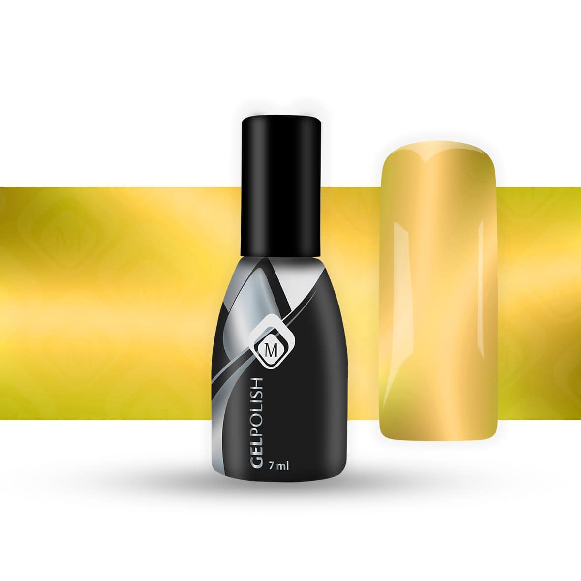 Zwarte gelnagellak flesje met gouden nagelsticker op witte achtergrond.