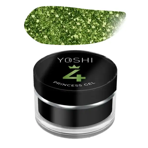 Glittergroene nagelgel en zwart nagelgelpot voor professionele nagelverzorging.