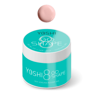 Yoshi 8 Go Shape zelfnivellerende builder gel in turquoise container.