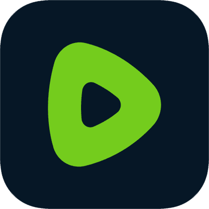 A green triangular play button within a green oval on a black square background.