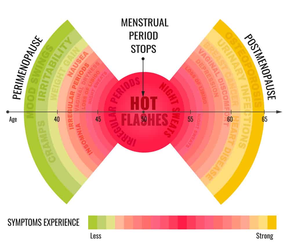Diagram illustrating menopause stages, symptoms (such as hot flashes, cramps, irritability), and their intensity across age 40–65, highlighting perimenopause and postmenopause periods.