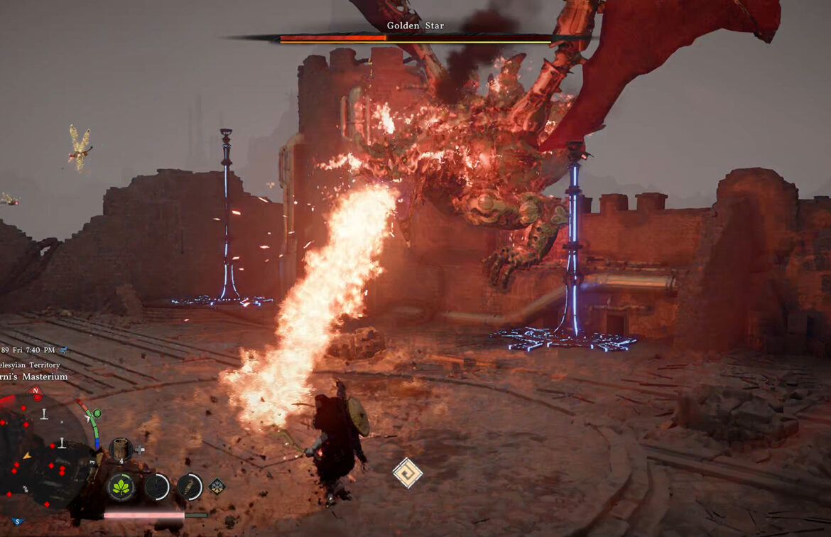 Epic battle with Golden Star dragon in Crimson Desert game.