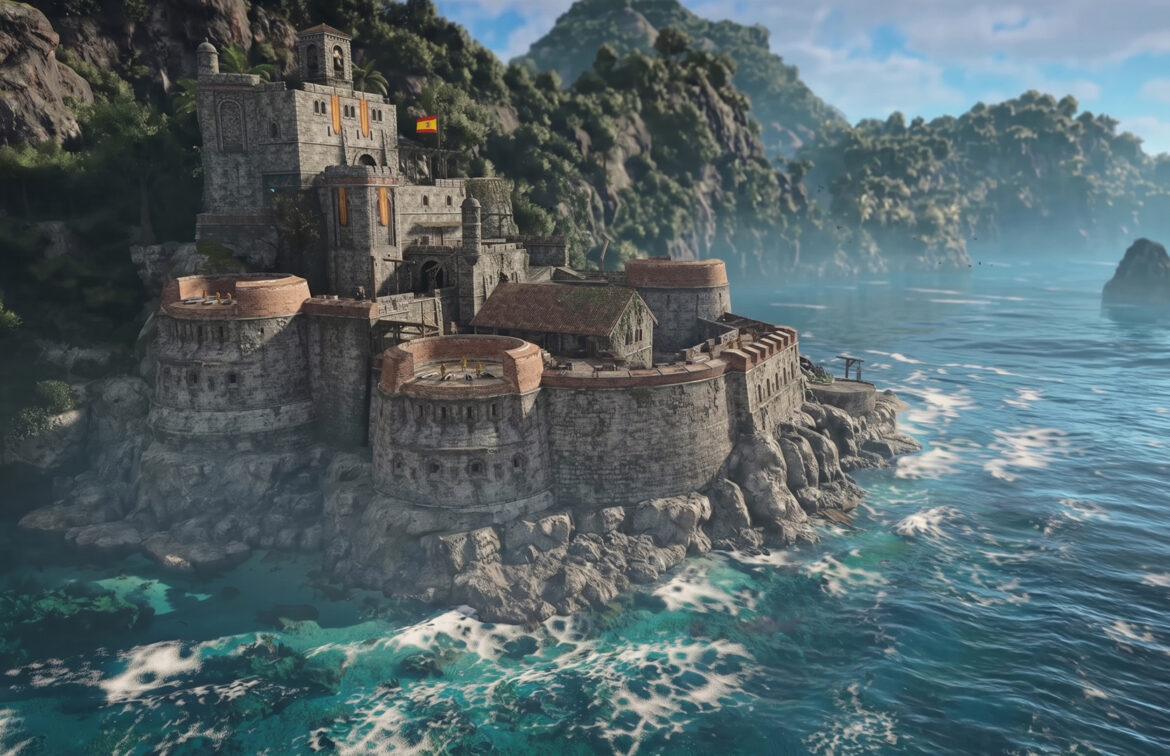 Ancient stone castle overlooking the ocean with waves crashing below.