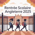illustration rentrée scolaire angleterre 2024 enfants devant école anglaise
