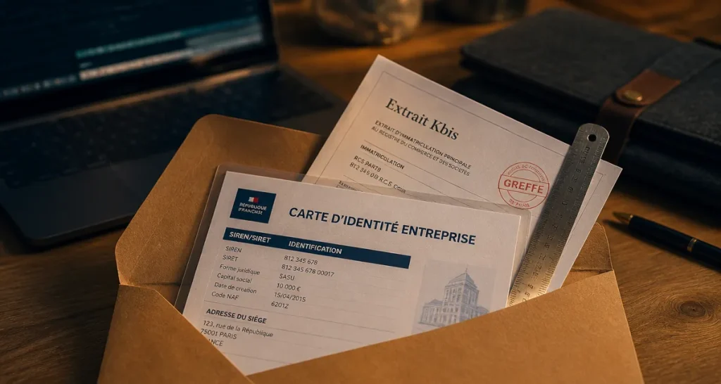 Carte identité entreprise avec SIREN/SIRET et Kbis