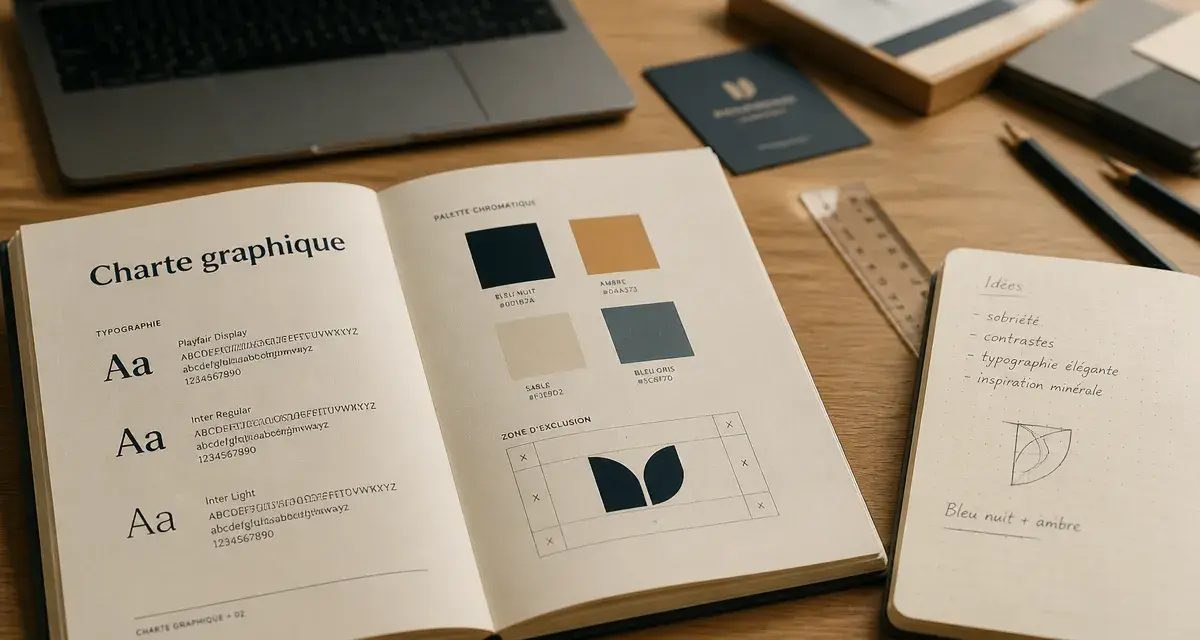 Charte graphique exemple : brand book ouvert et identité visuelle
