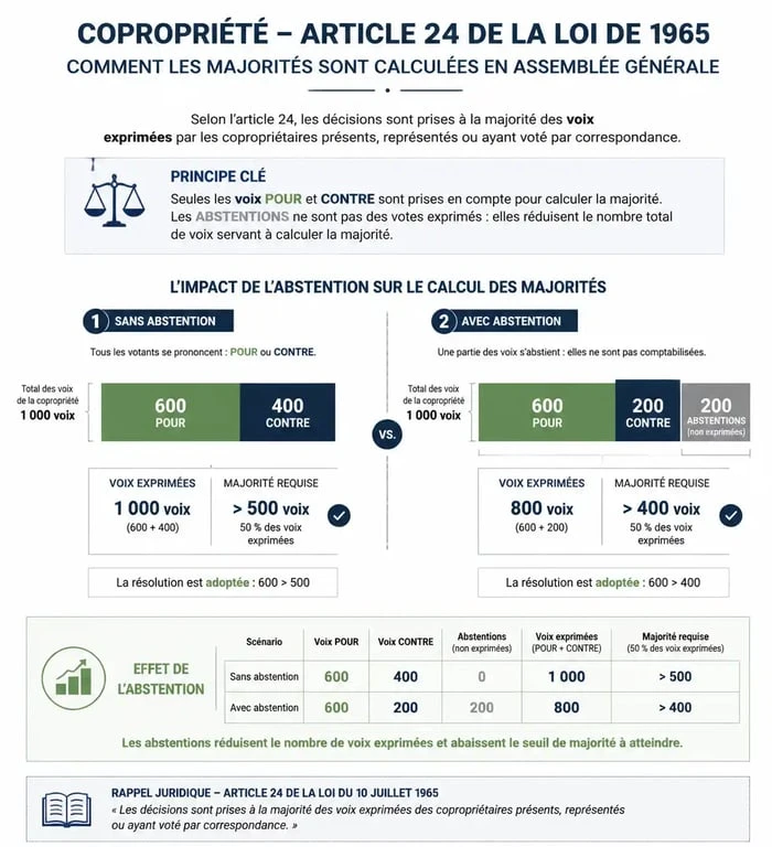 Infographie expliquant l'impact de l'abstention sur le vote en assemblée générale de copropriété