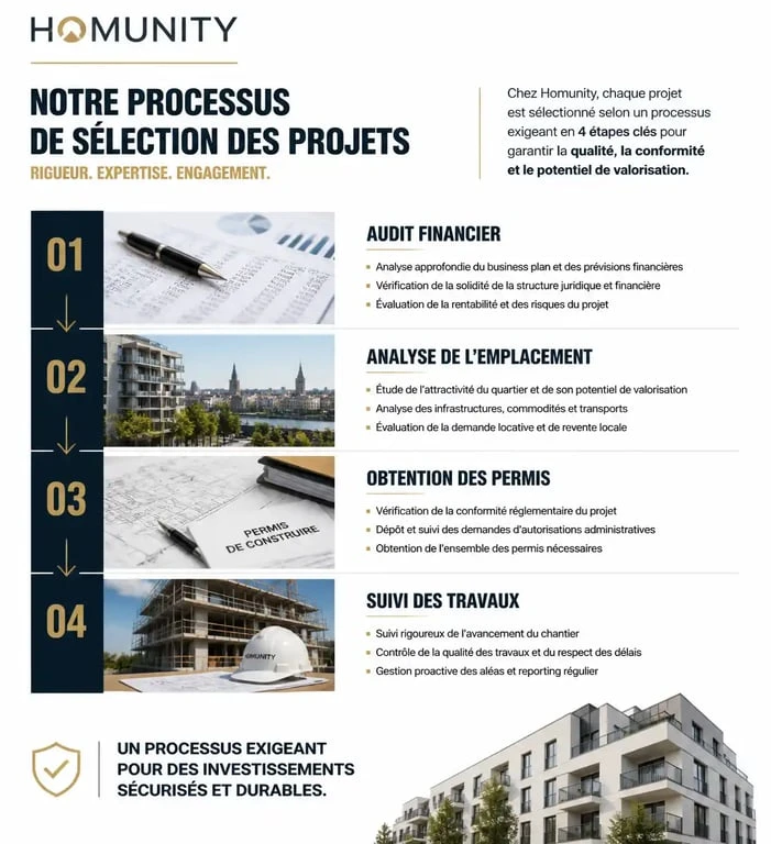 Infographie du processus de sélection des projets immobiliers sur la plateforme Homunity crowdfunding