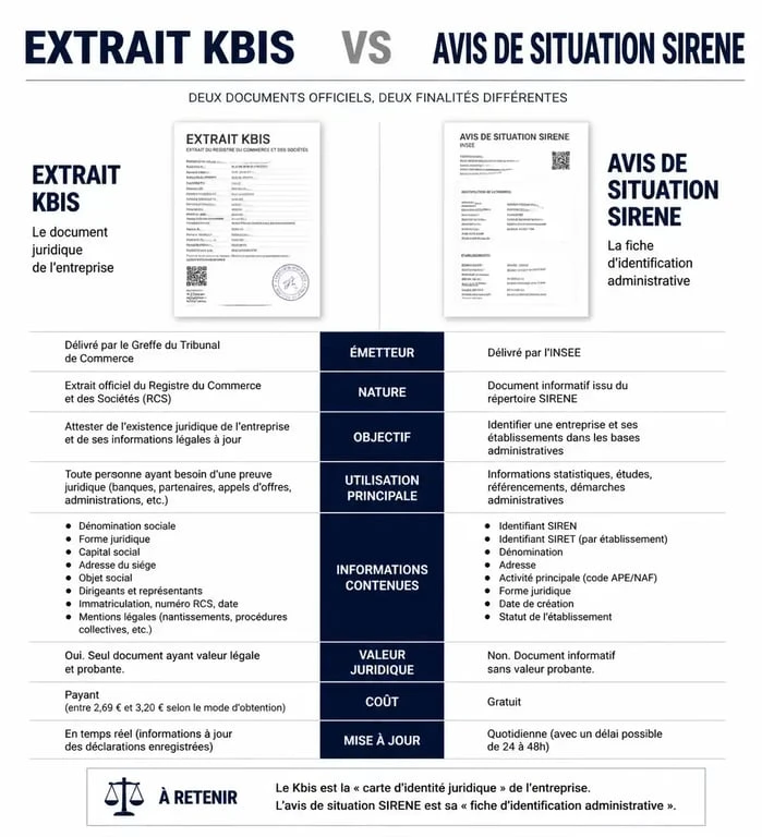 Infographie comparative entre l'extrait Kbis et l'avis de situation Sirene pour les entreprises
