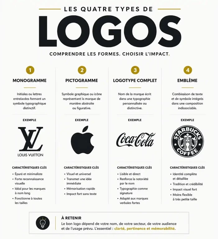Infographie des différentes stratégies logo : monogramme, pictogramme, logotype et emblème.