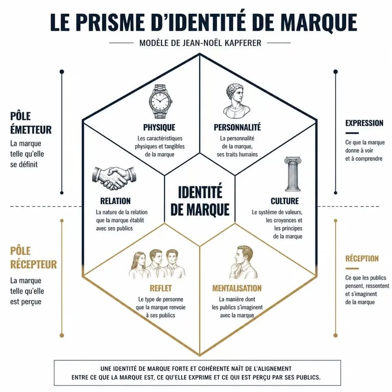 Schéma du prisme d'identité de marque de Kapferer illustrant les six dimensions de la stratégie de marque.