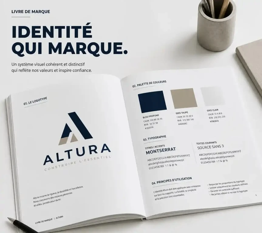 Exemple de charte graphique professionnelle avec palette de couleurs et typographie