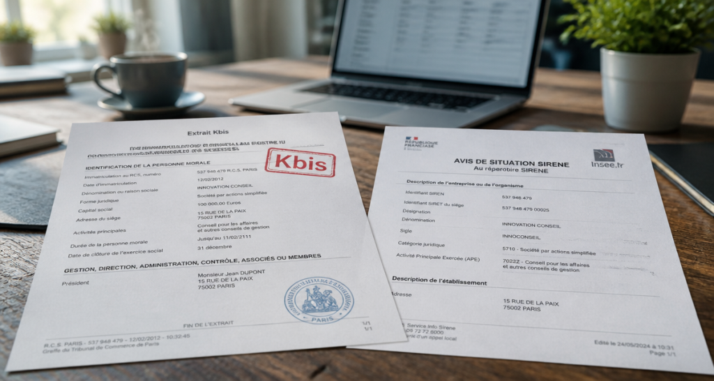 kbis sirene documents officiels sur bureau