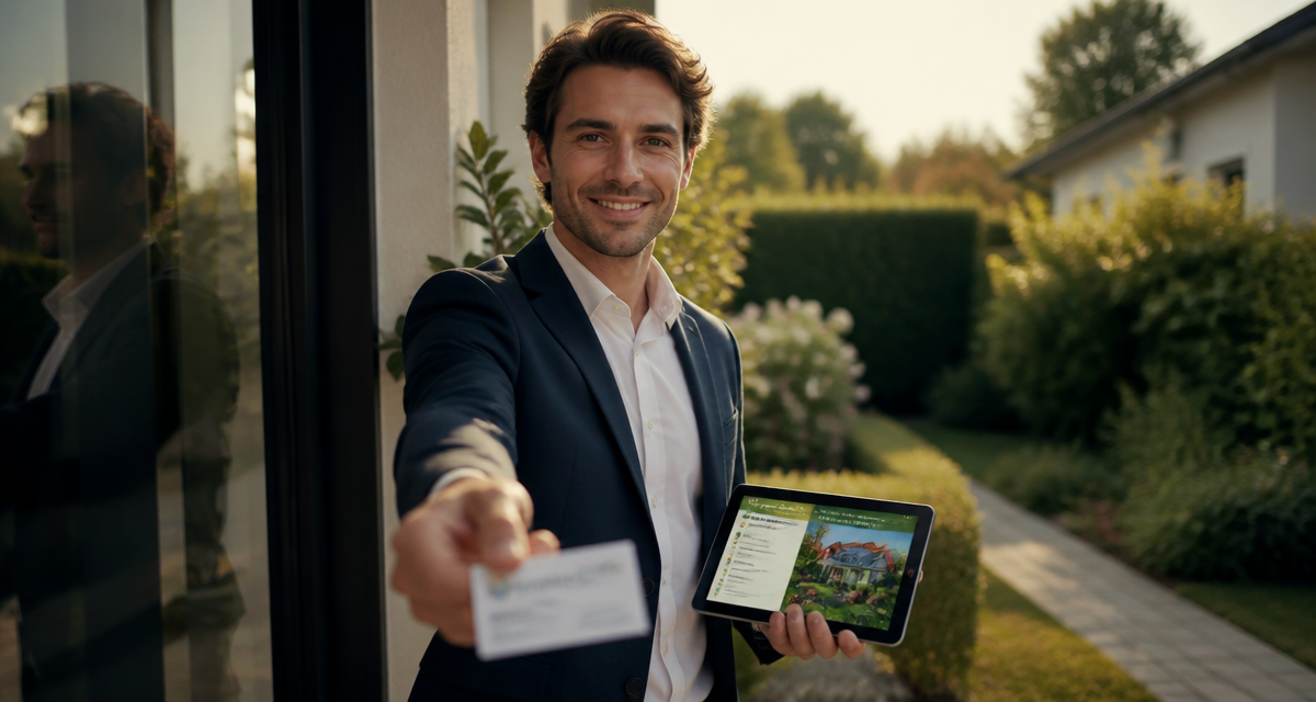 vendeur porte a porte souriant carte de visite