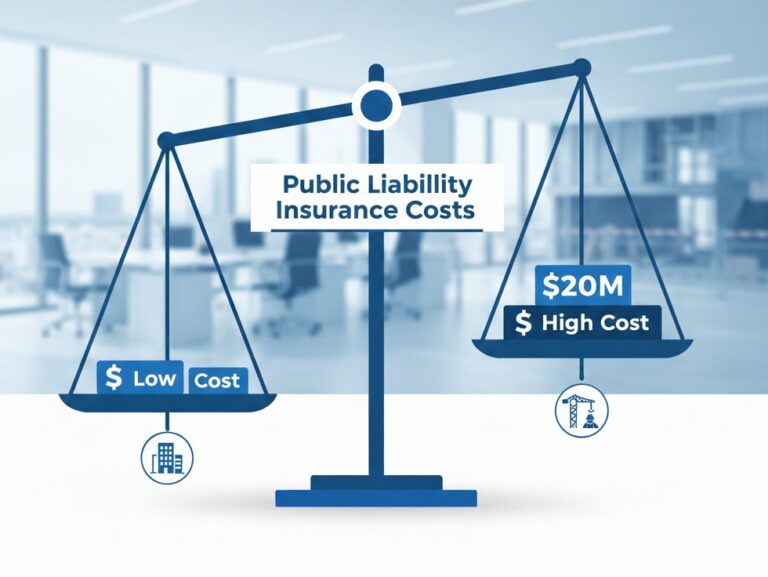 Balance scale showing low and high public liability insurance costs in Australia.