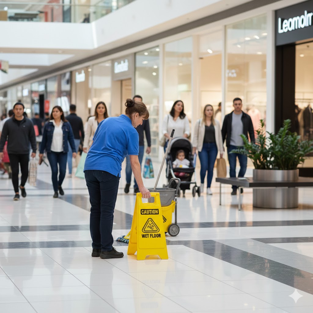Cleaning staff cleaning wet floor in shopping mall for safety.