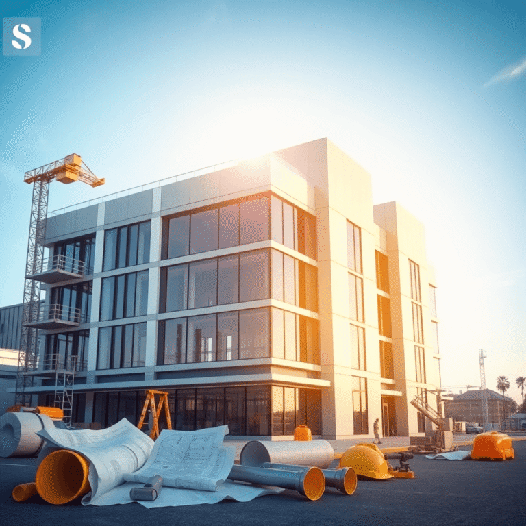 New commercial building under construction with safety gear and blueprints.
