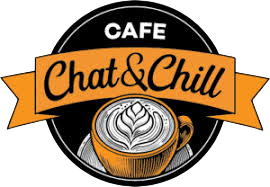 Chat & Chill Cafe logo with coffee cup and warm design.