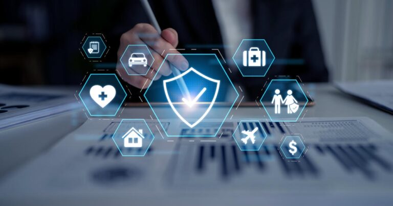 Digital insurance protection icons with shield and health symbols.